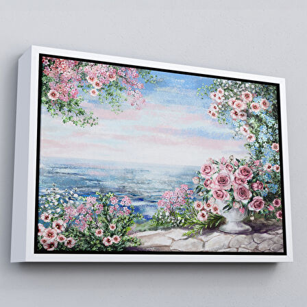 Altın Çerçeveli Okyanus Manzaralı Yağlıboya Görünüm Dekoratif Kanvas Duvar Tablosu