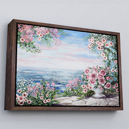 Altın Çerçeveli Okyanus Manzaralı Yağlıboya Görünüm Dekoratif Kanvas Duvar Tablosu