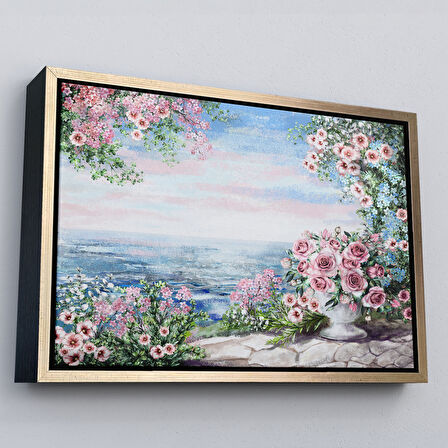 Kahverengi Çerçeveli Okyanus Manzaralı Yağlıboya Görünüm Dekoratif Kanvas Duvar Tablosu