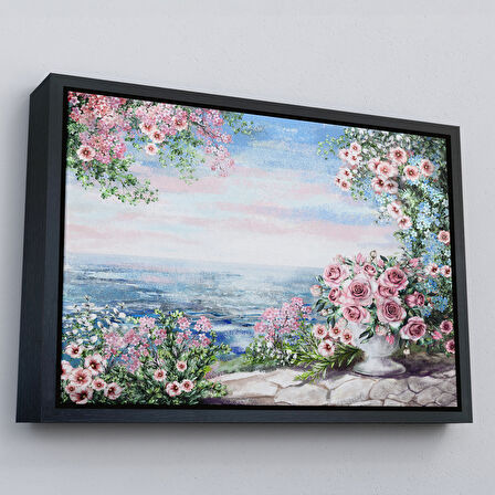 Kahverengi Çerçeveli Okyanus Manzaralı Yağlıboya Görünüm Dekoratif Kanvas Duvar Tablosu