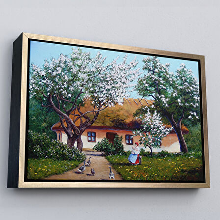 Kahverengi Çerçeveli İlkbahar Köy Evi Yağlıboya Görünüm Dekoratif Kanvas Duvar Tablosu