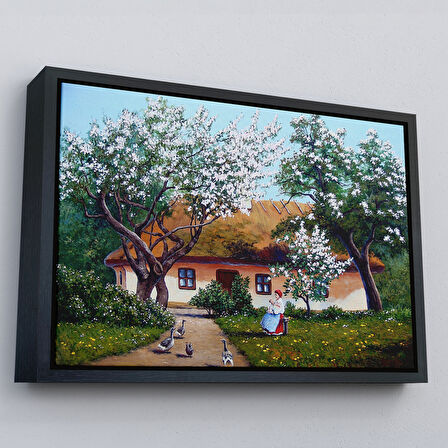 Kahverengi Çerçeveli İlkbahar Köy Evi Yağlıboya Görünüm Dekoratif Kanvas Duvar Tablosu