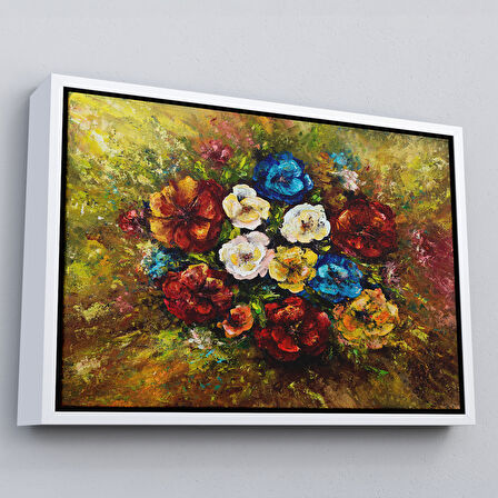 Beyaz Çerçeveli Çiçek Buketi Yağlıboya Görünüm Dekoratif Kanvas Duvar Tablosu