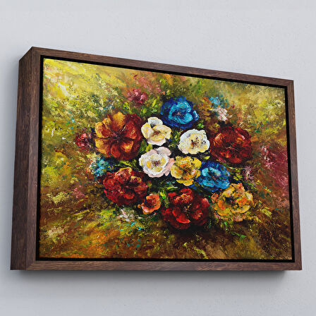 Beyaz Çerçeveli Çiçek Buketi Yağlıboya Görünüm Dekoratif Kanvas Duvar Tablosu