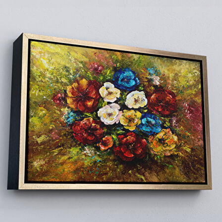 Beyaz Çerçeveli Çiçek Buketi Yağlıboya Görünüm Dekoratif Kanvas Duvar Tablosu