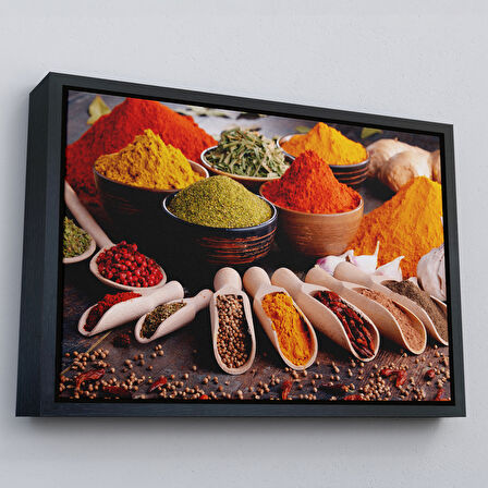 Altın Çerçeveli Mutfak Masasın da Baharatlar Dekoratif Kanvas Duvar Tablosu