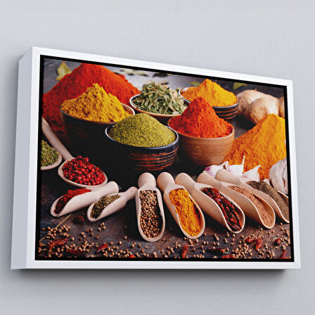 Altın Çerçeveli Mutfak Masasın da Baharatlar Dekoratif Kanvas Duvar Tablosu