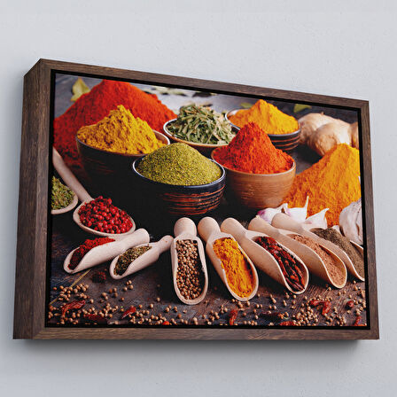 Altın Çerçeveli Mutfak Masasın da Baharatlar Dekoratif Kanvas Duvar Tablosu