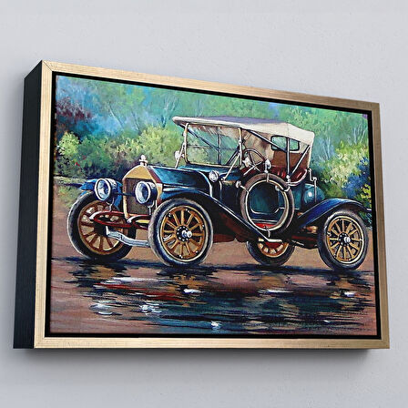 Kahverengi Çerçeveli Eski Siyah Araba Yağlıboya Görünüm Dekoratif Kanvas Duvar Tablo