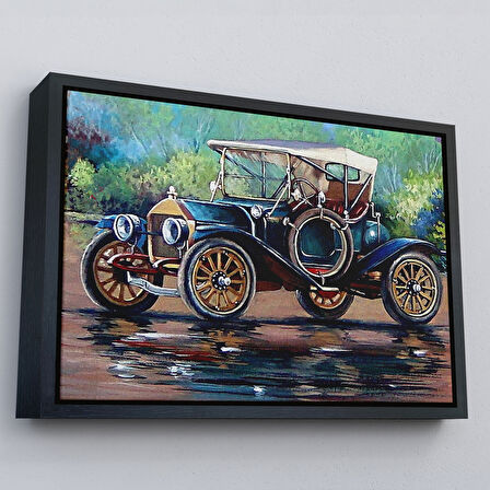 Kahverengi Çerçeveli Eski Siyah Araba Yağlıboya Görünüm Dekoratif Kanvas Duvar Tablo