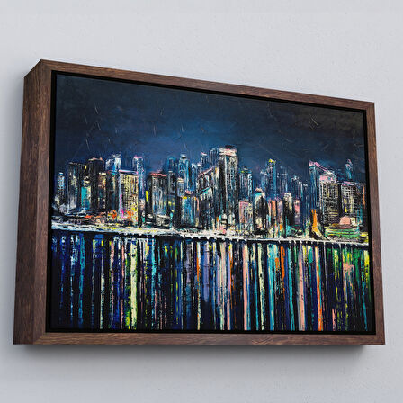 Beyaz Çerçeveli Kıyı Şehrin de Gece Yağlıboya Görünüm Dekoratif Kanvas Duvar Tablosu