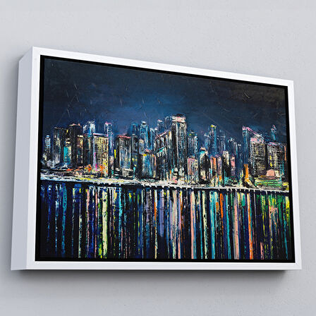 Siyah Çerçeveli Kıyı Şehrin de Gece Yağlıboya Görünüm Dekoratif Kanvas Duvar Tablosu