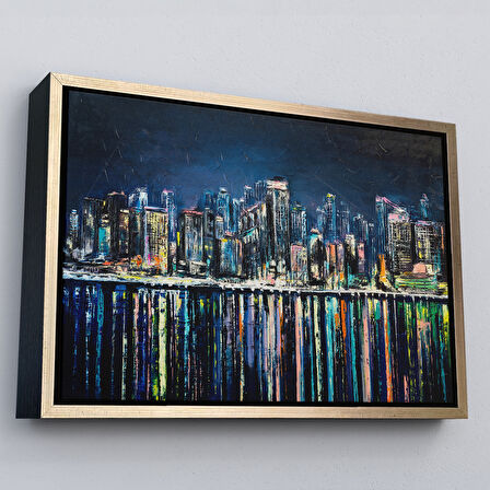 Siyah Çerçeveli Kıyı Şehrin de Gece Yağlıboya Görünüm Dekoratif Kanvas Duvar Tablosu