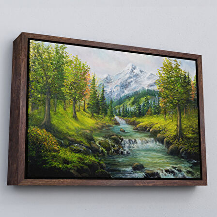 Altın Çerçeveli Karlı Dağlar ve İlk bahar Manzarası Duvar Tablosu