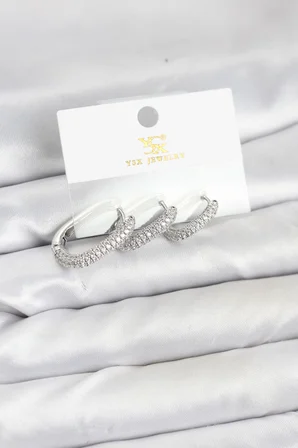 Pirinç Gümüş Renk Zirkon Taşlı Halka Model YSX Trio Küpe Seti 5886