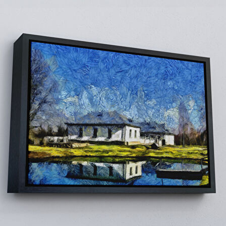 Siyah Çerçeveli Göl Kenarındaki Köy Evi Dekoratif Duvar Tablosu