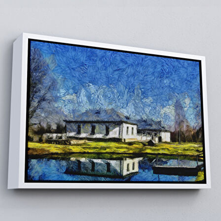 Siyah Çerçeveli Göl Kenarındaki Köy Evi Dekoratif Duvar Tablosu