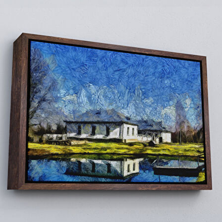 Siyah Çerçeveli Göl Kenarındaki Köy Evi Dekoratif Duvar Tablosu