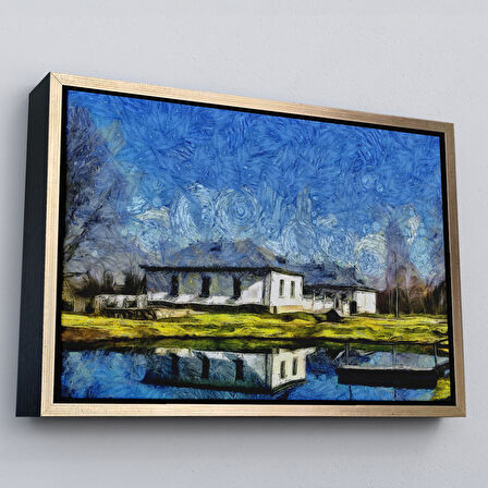 Siyah Çerçeveli Göl Kenarındaki Köy Evi Dekoratif Duvar Tablosu