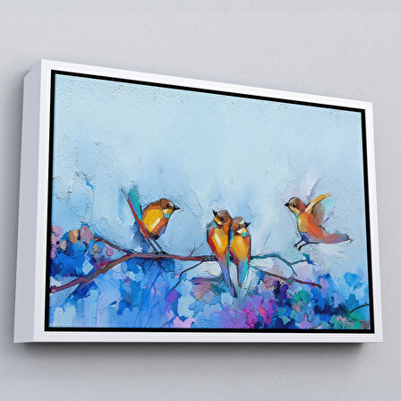 Altın Çerçeveli Bahar ve Kuşlar Manzaralı Dekoratif Duvar Tablosu