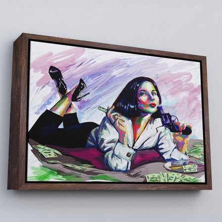 Kahverengi Çerçeveli Silahlı Gangster Kız Pop Art Dekoratif Duvar Tablosu