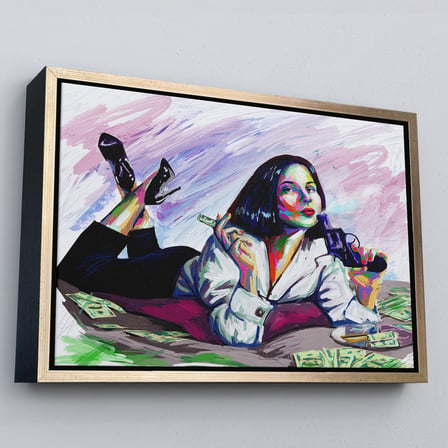 Kahverengi Çerçeveli Silahlı Gangster Kız Pop Art Dekoratif Duvar Tablosu