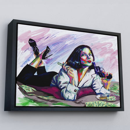 Kahverengi Çerçeveli Silahlı Gangster Kız Pop Art Dekoratif Duvar Tablosu