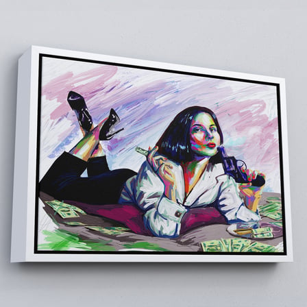 Kahverengi Çerçeveli Silahlı Gangster Kız Pop Art Dekoratif Duvar Tablosu