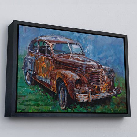 Altın Çerçeveli Paslı Eski Araba Dekoratif Duvar Tablosu