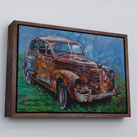 Altın Çerçeveli Paslı Eski Araba Dekoratif Duvar Tablosu