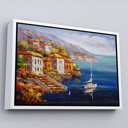 Kahverengi Çerçeveli Yunanistan Harbor View Manzaralı Yağlıboya Görünüm Dekoratif Kanvas Duvar Tablosu