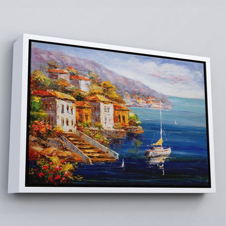 Altın Çerçeveli Yunanistan Harbor View Manzaralı Yağlıboya Görünüm Dekoratif Kanvas Duvar Tablosu
