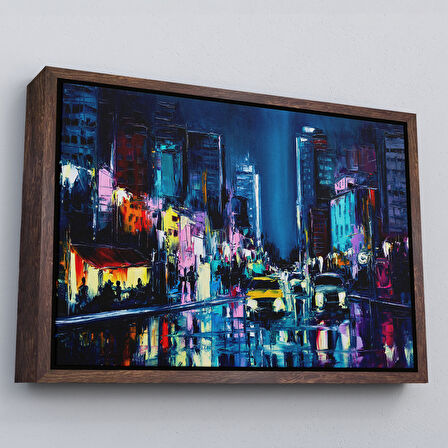 Kahverengi Çerçeveli New York Gece Manzarası Yağlıboya Dekoratif Duvar Tablosu
