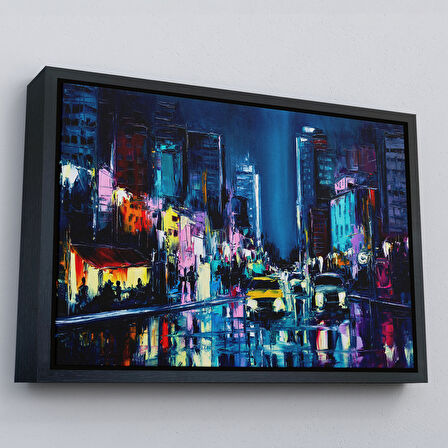 Kahverengi Çerçeveli New York Gece Manzarası Yağlıboya Dekoratif Duvar Tablosu
