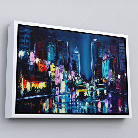 Kahverengi Çerçeveli New York Gece Manzarası Yağlıboya Dekoratif Duvar Tablosu