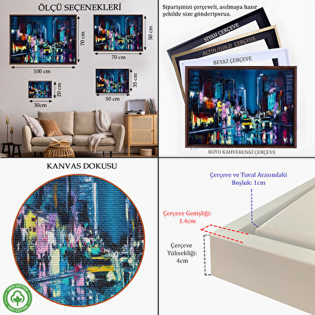 Kahverengi Çerçeveli New York Gece Manzarası Yağlıboya Dekoratif Duvar Tablosu