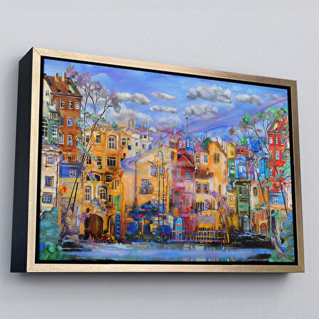 Altın Çerçeveli Eski Avrupa Kasabası Yağlıboya Görünüm Dekoratif Kanvas Tablo