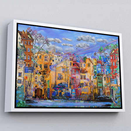 Altın Çerçeveli Eski Avrupa Kasabası Yağlıboya Görünüm Dekoratif Kanvas Tablo