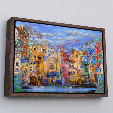 Altın Çerçeveli Eski Avrupa Kasabası Yağlıboya Görünüm Dekoratif Kanvas Tablo