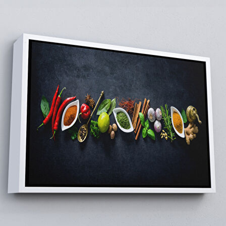 Altın Çerçeveli Mutfak Masasın da Baharatlar Dekoratif Kanvas Duvar Tablosu