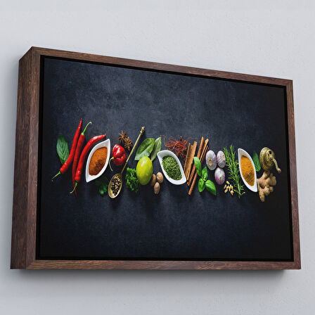 Altın Çerçeveli Mutfak Masasın da Baharatlar Dekoratif Kanvas Duvar Tablosu