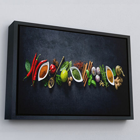 Beyaz Çerçeveli Mutfak Masasın da Baharatlar Dekoratif Kanvas Duvar Tablosu