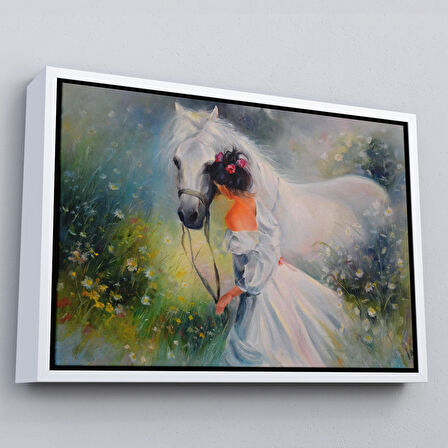 Siyah Çerçeveli Bayaz At Ve Sahibi Kız Yağlıboya Görünüm Dekoratif Kanvas Duvar Tablosu