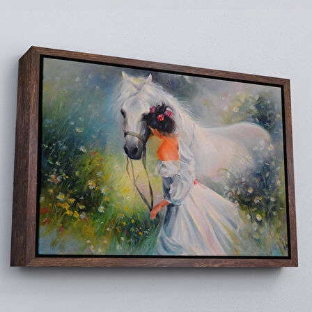 Siyah Çerçeveli Bayaz At Ve Sahibi Kız Yağlıboya Görünüm Dekoratif Kanvas Duvar Tablosu
