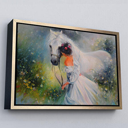 Siyah Çerçeveli Bayaz At Ve Sahibi Kız Yağlıboya Görünüm Dekoratif Kanvas Duvar Tablosu