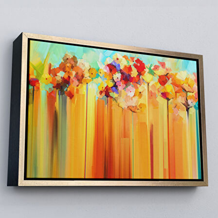 Altın Çerçeveli Soyut Çiçekler Yağlıboya Görünüm Dekoratif Kanvas Duvar Tablosu