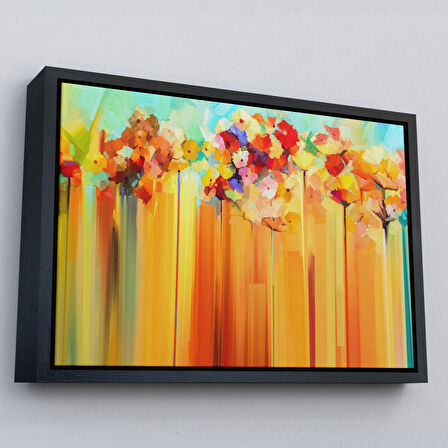 Altın Çerçeveli Soyut Çiçekler Yağlıboya Görünüm Dekoratif Kanvas Duvar Tablosu