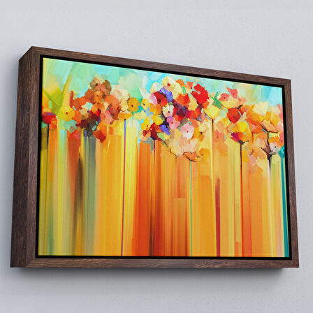 Altın Çerçeveli Soyut Çiçekler Yağlıboya Görünüm Dekoratif Kanvas Duvar Tablosu
