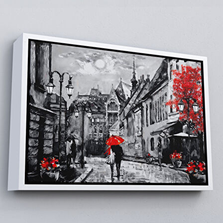 Siyah Çerçeveli Macaristan Budapeşte Sokak Manzarası Yağlıboya Görünüm Dekoratif Duvar Tablosu