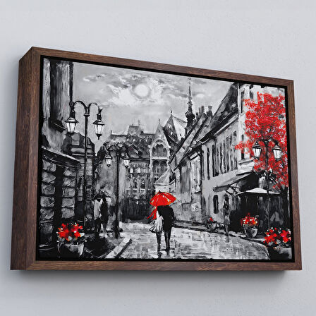 Siyah Çerçeveli Macaristan Budapeşte Sokak Manzarası Yağlıboya Görünüm Dekoratif Duvar Tablosu